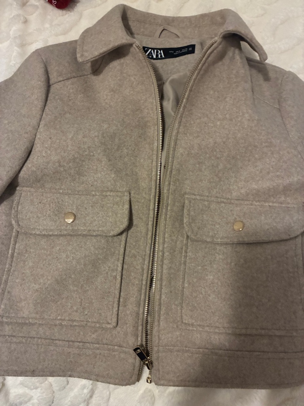 Zara Men’s Light Beige Wool Blend Pea Coat with Gold Hardware